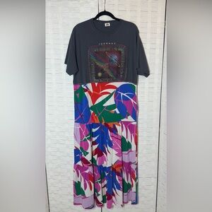Upcycled Journey Graphic Colorful Floral Boho Tiered T-Shirt Maxi Dress